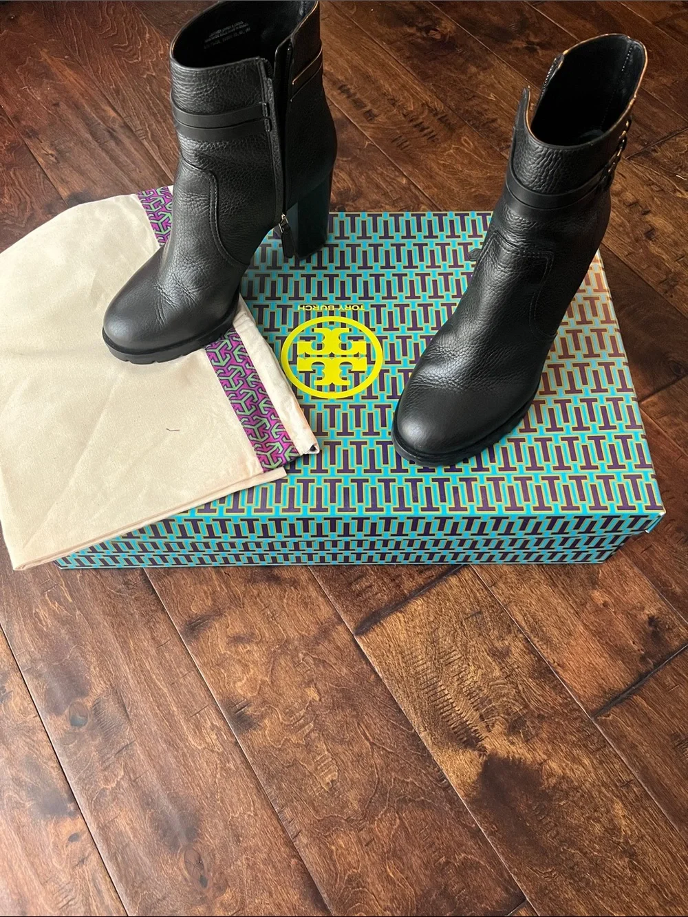 Tory Burch Black Leather Block Heel Ankle Boots with Side Zip